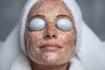 A close-up shot is taken of a young woman's face during a laser hair removal treatment to eliminate unwanted hair from her face and upper lip in a salon setting