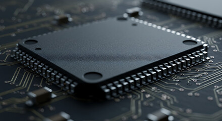 Closeup of a dark integrated circuit with visible pins and circuit board traces