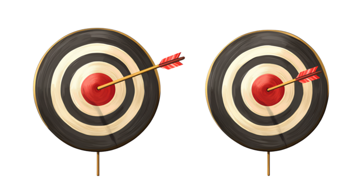 Two targets with arrows hitting red and golden-colored objects, isolated on a transparent background, in a PNG file. 