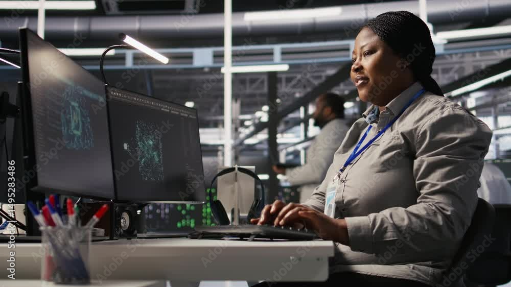 Poster data center computer scientist using pc to monitor artificial intelligence visualization. server far