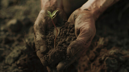 two hands covered in soil holding a green sprout protectively.