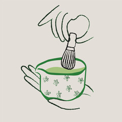 Matcha poster with green color scheme, modern typography, hand drawn illustrations, and artistic design elements for a fresh visual appeal.