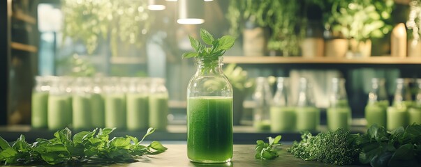 A refreshing glass bottle filled with vibrant green juice, garnished with fresh herbs, perfect for health enthusiasts.