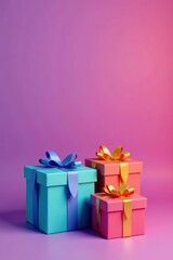 Fototapeta premium Array of vibrant gift boxes with bows, purple backdrop, copy space, texture, overhead