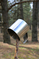 steel tourist mug on a stick in the forest
