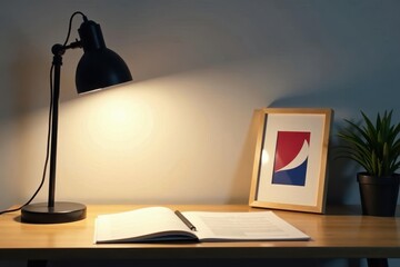Bright desk lamp casts shadow on sparse office desk, framed photo nearby , equipment, illumination