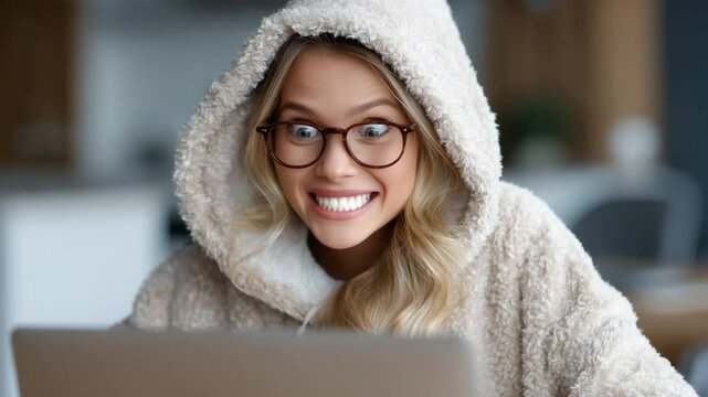 Intrigued Expression: A blonde woman is captivated and excited. She wears a fluffy hood and spectacles, her eyes fixated on the laptop. It is a close up and she shows her true emotions.