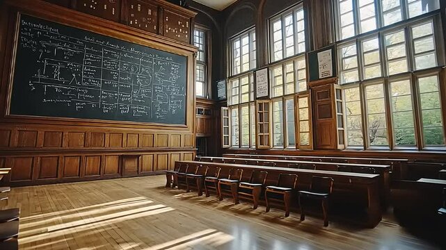 Vintage classroom with wooden furniture, large windows, and chalkboard filled with equations - Powered by Adobe