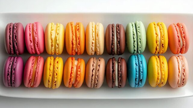 Brightly colored macarons in a variety of flavors neatly aligned on a white rectangular plate over a light background.