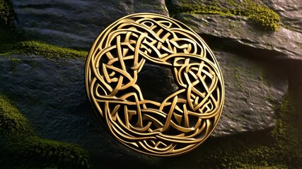 Detailed golden Celtic knot circular brooch or shield emblem on a moss covered stone surface, intricate interlaced design, jewelry symbol, old world aesthetic. - Powered by Adobe