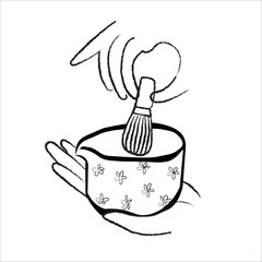 Matcha tea vector drawing. Bowl with matcha powder, green tea leaves, and bamboo whisk sketch. Hand-drawn Asian drink elements in a vintage style