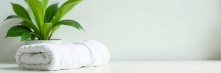 Fluffy bath towel, vibrant houseplant on pristine white table Ample copy space , background, cotton, simple