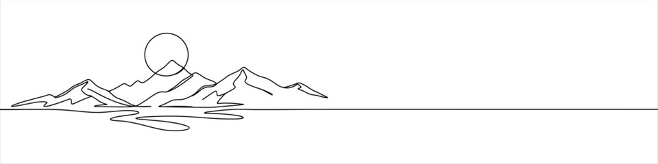 Mountains and sun continuous one line drawing. Hand drawn sunset panoramic view.