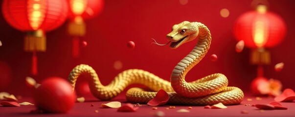 Fototapeta premium Golden snake coiled amidst vibrant red lanterns and fireworks Red background , holiday, festival, prosperity