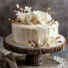 Chocolate cake decorated with beige and gold embellishments for a classy celebration setting