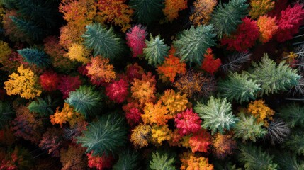 Aerial View of Autumn Forest With Vibrant Colors, Showcasing Environmental Awareness and Seasonal Change : Generative AI