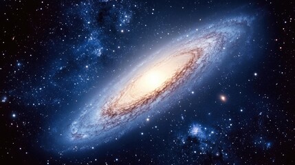 Naklejka premium A vibrant spiral galaxy amidst a star-studded, dark blue cosmos