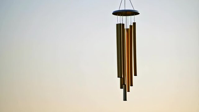 Hanging wind chimes with metal tubes in front of a neutral background with gradient colors creating soothing atmosphere.