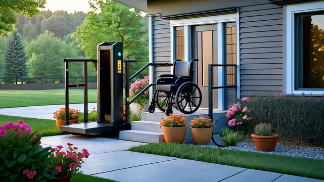 Accessible Home Entrance with Wheelchair Lift and Garden Pathway