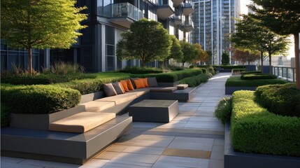 Obraz premium Modern Urban Rooftop Garden with Stylish Seating and Potted Plants