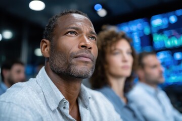 A group of diverse professionals intensely observing data displays in a modern corporate control room, emphasizing teamwork and decision-making in a fast-paced environment.