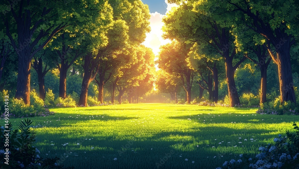 Canvas Prints sunlit forest path pixel art landscape of green trees and meadow