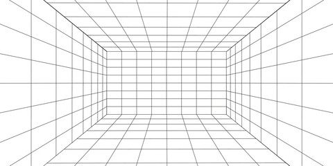  Empty futuristic digital box room white background with black grid space line color surface. Network cyber technology. banner, cover, terrain, sci-fi, wireframe, and related to background.