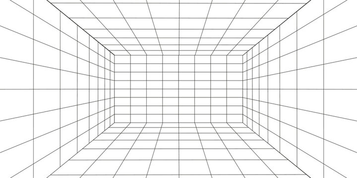  Empty futuristic digital box room white background with black grid space line color surface. Network cyber technology. banner, cover, terrain, sci-fi, wireframe, and related to background.