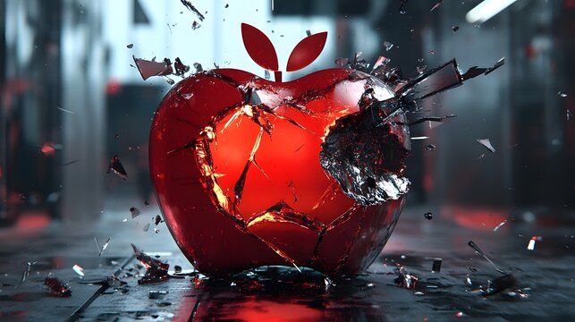 A shattered fruit symbol against a dark backdrop.