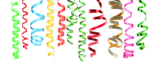 Bright serpentine streamers on white background. Party decor