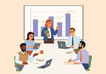 Business Discussion. A group of diverse business people having a discussion at a table with graphs. Vector flat illustration