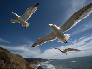Seagulls Soaring Over Coastal Cliffs Against a Blue Sky, Symbolizing Freedom and Escape for Travel and Tourism Marketing Campaigns : Generative AI