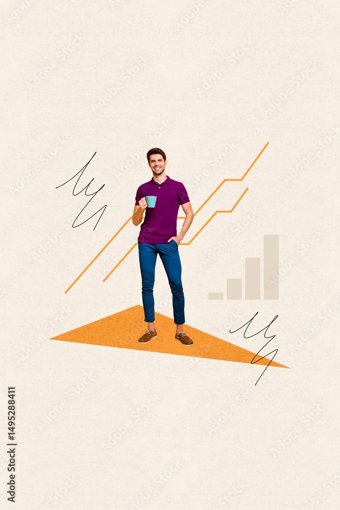 Poster poster visual collage of person stand with cup on pastel background with graphs