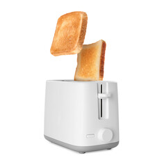 Slices of toasted bread jumping out of toaster on white background