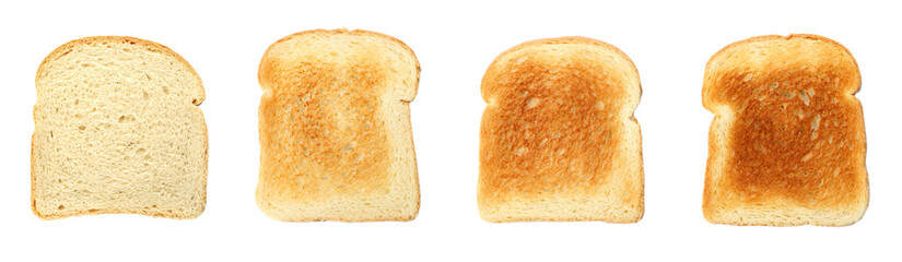 Bread slices in different degrees of toast on white background, collage