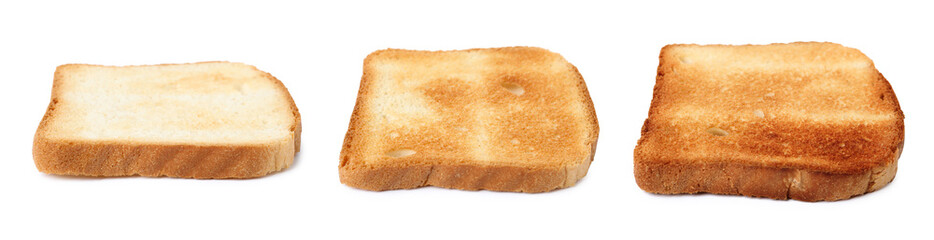 Bread slices in different degrees of toast on white background, collage