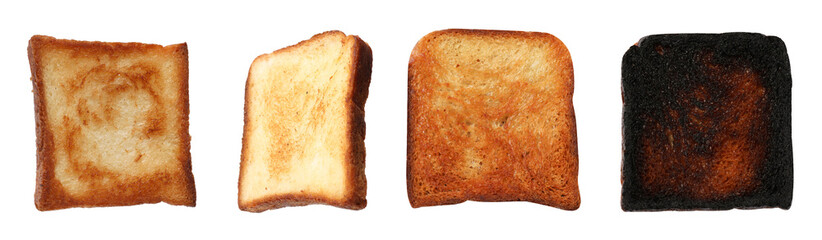Bread slices in different degrees of toast on white background, collage