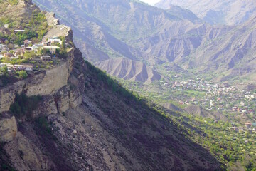 View of the houses located on the top of the mountain. Caucasus. Dagestan, gunib.