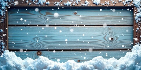 Snow dusted wooden planks frame, winter backdrop, winter scene, vintage