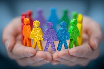 A closeup shot of a woman protecting pawns of different colors on a white wooden table embodies the concept of social inclusion