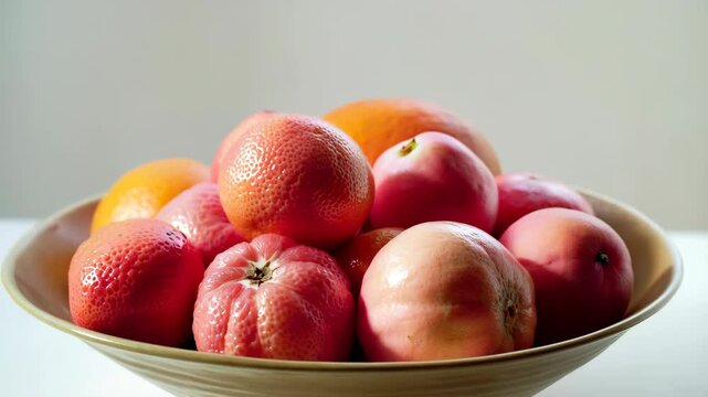 Assortment of colorful exotic fruits inside a ceramic bowl, close-up view in natural lighting showcasing textures and vibrant colors.