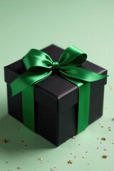 Obraz premium Stylish black gift, green satin bow, golden sprinkles , shine, design, background