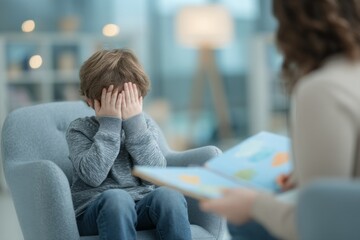 A young adoption counselor is shown supporting a sad little boy by displaying a drawing of a house as he waits for a new loving family to adopt him, with a child psychologist also working with the