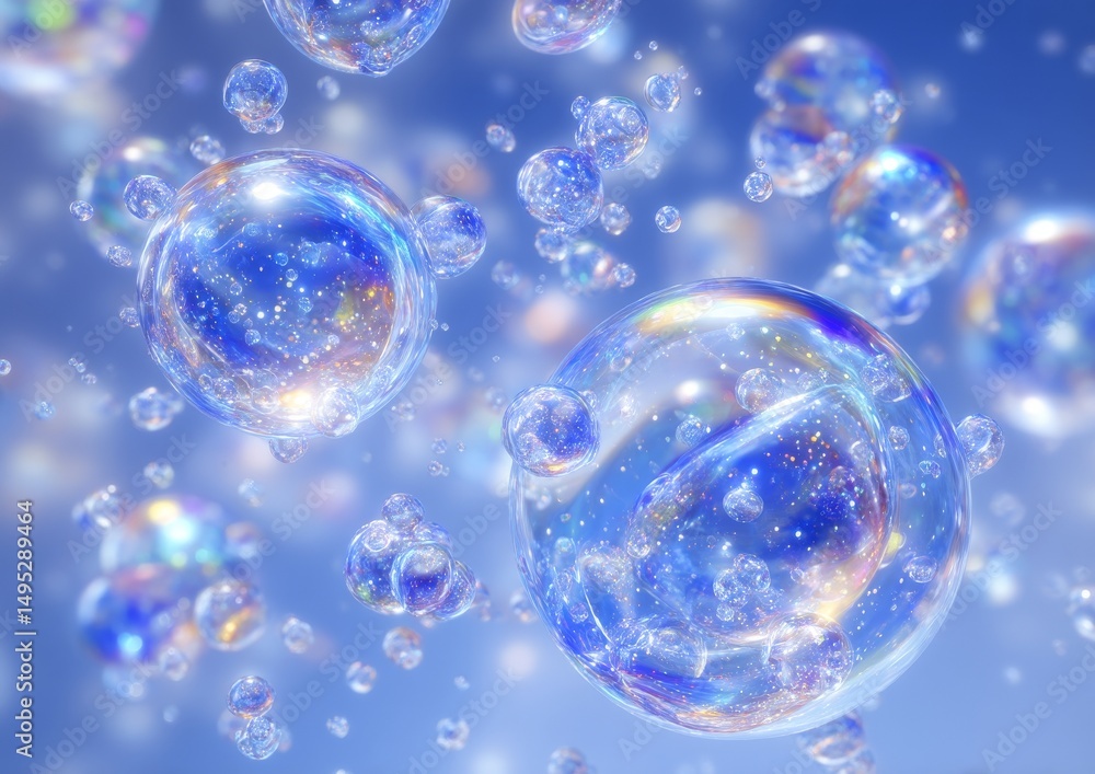 Poster molecular structures including water and liquid bubbles in a closeup abstract 3d rendering viewed un