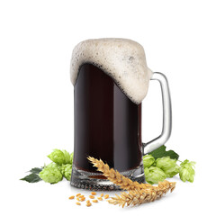 Fresh beer in glass mug with hop flowers and ears of wheat on white background