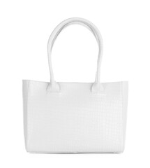 White women's leather bag on white background