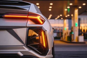 Fototapeta premium A hydrogen gas station is fueling a fuel cell hydrogen car, and the station's fuel dispenser is marked with a hydrogen logo, highlighting the potential of h2 combustion engines to provide