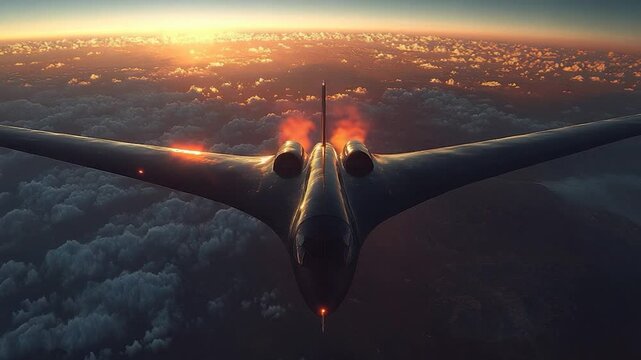Sunrise bomber flight above clouds