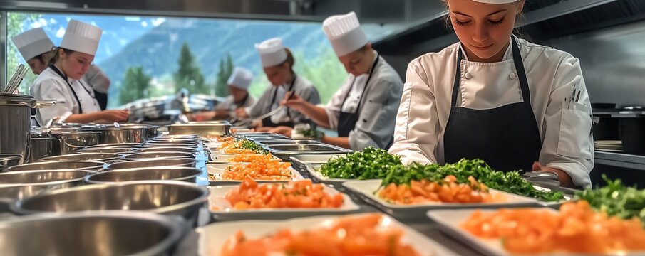 A culinary student skillfully plates a gourmet dish during a timed cooking challenge in a professional kitchen setting.