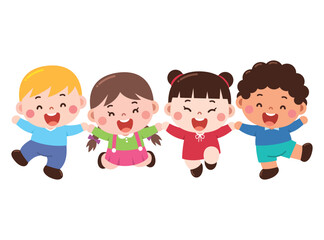Happy Cartoon Kids Holding Hands and Jumping